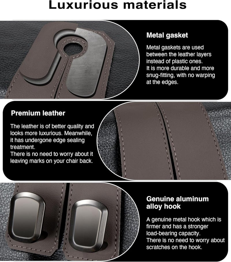 VETERBONE Luxurious Leather Car Purse Holder Hooks - 2PCS Multifunctional Headrest Hangers for Seat Back Storage (Brown) - Image 2